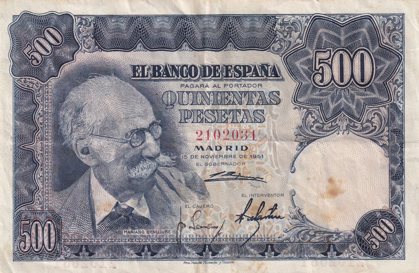 imagen-13-23365.jpg CRBS2161 BILLETE ESPAÑA 500 PESETAS 1951 SIN SERIE BC - Imagen 1