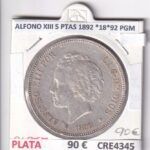 CRE4345 MONEDA ESPAÑA ALFONO XIII 5 PESETAS 1892 *18*92 PGM PLATA