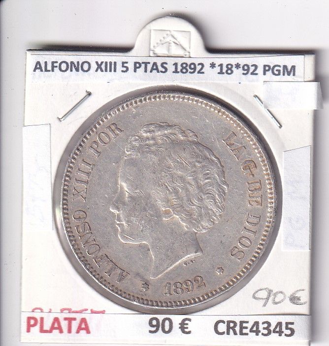 imagen-13-23408.jpg CRE4345 MONEDA ESPAÑA ALFONO XIII 5 PESETAS 1892 *18*92 PGM PLATA - Imagen 1