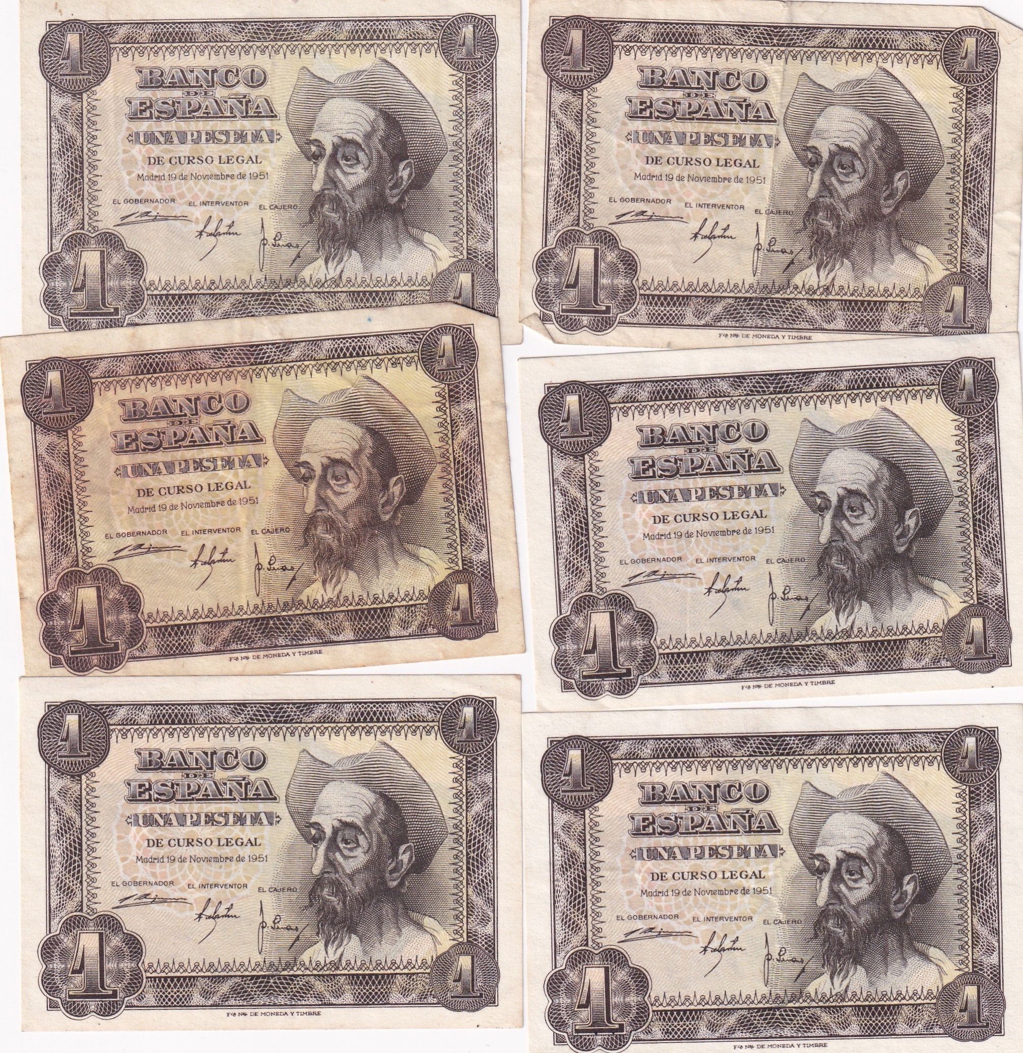 imagen-13-23441.jpg CRBS2183 LOTE DE 6 BILLETES ESPAÑA 1 PESETA 1951 DIFERENTES CALIDADES - Imagen 1