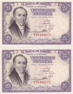 CRBS2535 PAREJA CORRELATIVA BILLETES ESPAÑA 25 PESETAS 1946 SERIE I EBC+
