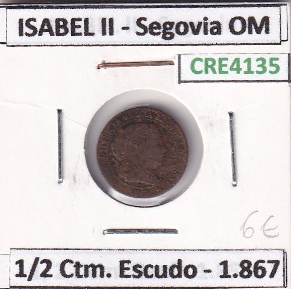 imagen-13-23852.jpg CRE4135 MONEDA ESPAÑA ISABEL II 1867 1/2 CTM DE ESCUDO SEGOVIA OM - Imagen 1