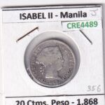 CRE4489 MONEDA ESPAÑA ISABEL II 20 CTMS ESCUDO 1868 MANILA