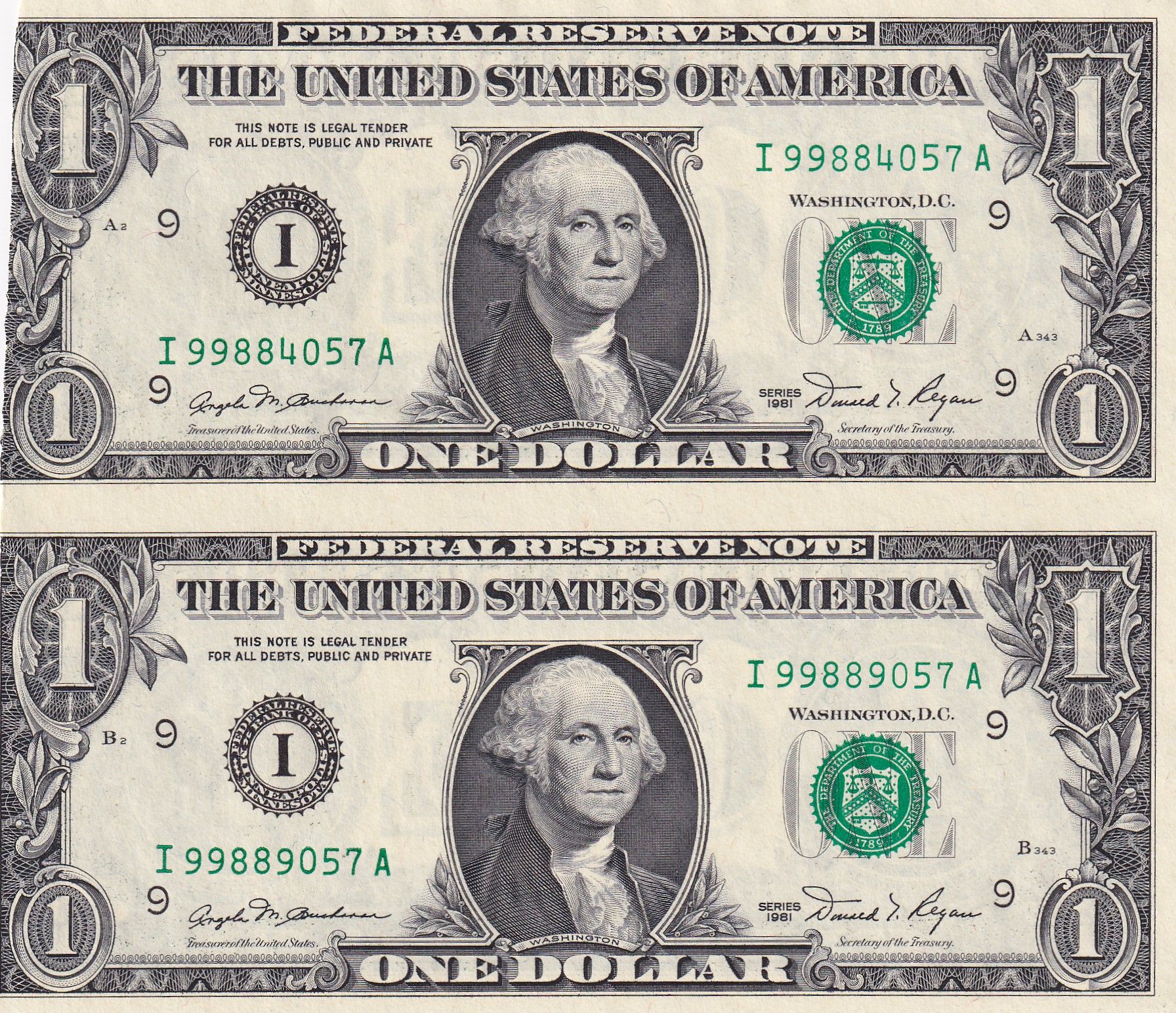 imagen-13-24657.jpg CRBX0733 BILLETE EEUU 2 UNIDADES 1 DOLAR UNCUT 1981 SERIE I MAL CORTADO - Imagen 1