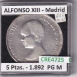 CRE4725 MONEDA ESPAÑA ALFONSO XIII 5 PESETAS 1892 *18*92 PG M MADRID