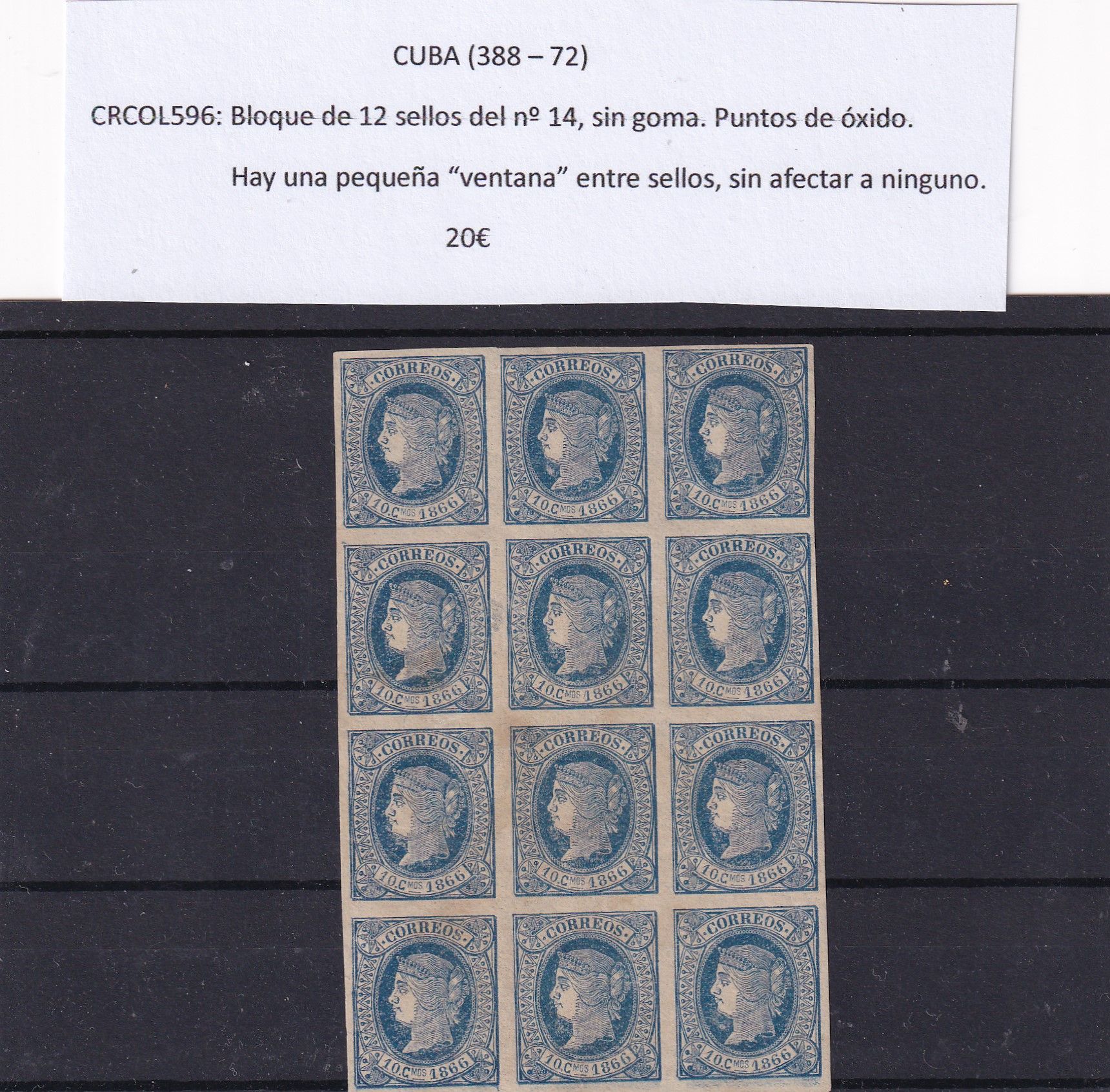 imagen-13-25135.jpg CRCOL596 SELLOS CUBA Bloque de 12 sellos del nº 14, sin goma. Puntos de óxido. - Imagen 1