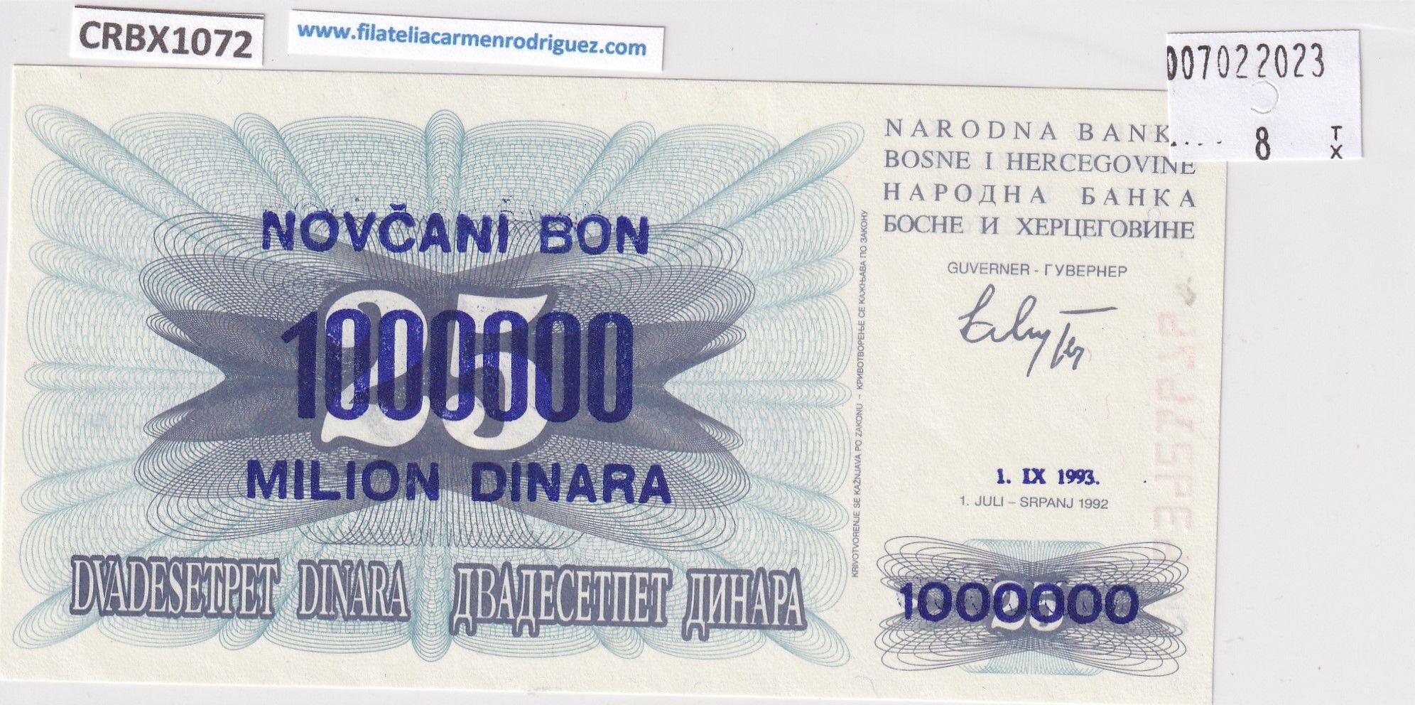 imagen-13-25371.jpg CRBX1072 BILLETE BOSNIA 25 DINARAS 1992 RESELLADO 1000000 1993 S/C - Imagen 1
