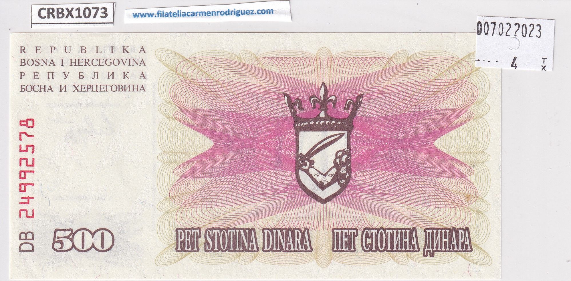 imagen-13-25372.jpg CRBX1073 BILLETE BOSNIA 500 DINARAS 1992 MBC - Imagen 1