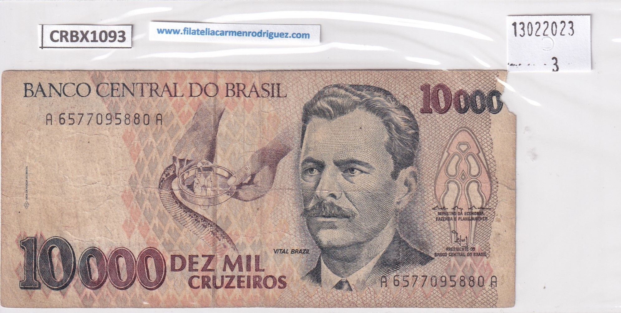 imagen-13-25392.jpg CRBX1093 BILLETE BRASIL 10000 CRUZEIROS USADO CON ROTURA - Imagen 1