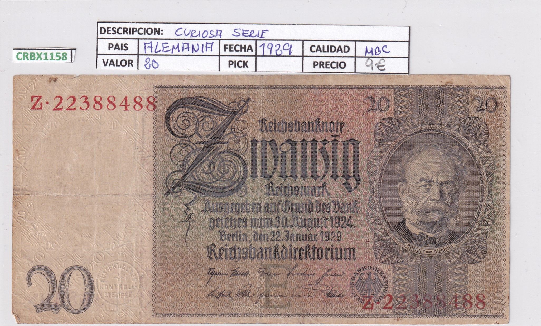 imagen-13-25549.jpg CRBX1158 BILLETE ALEMANIA 20 MARCOS 1929 SERIE Z RARA MBC - Imagen 1
