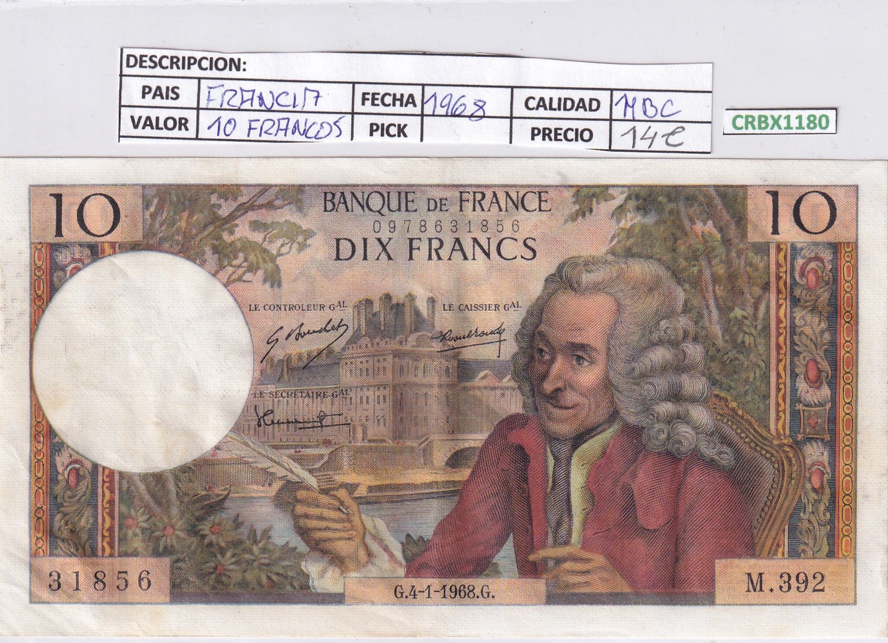 imagen-13-25571.jpg CRBX1180 BILLETE FRANCIA 10 FRANCOS 1968 MBC - Imagen 1