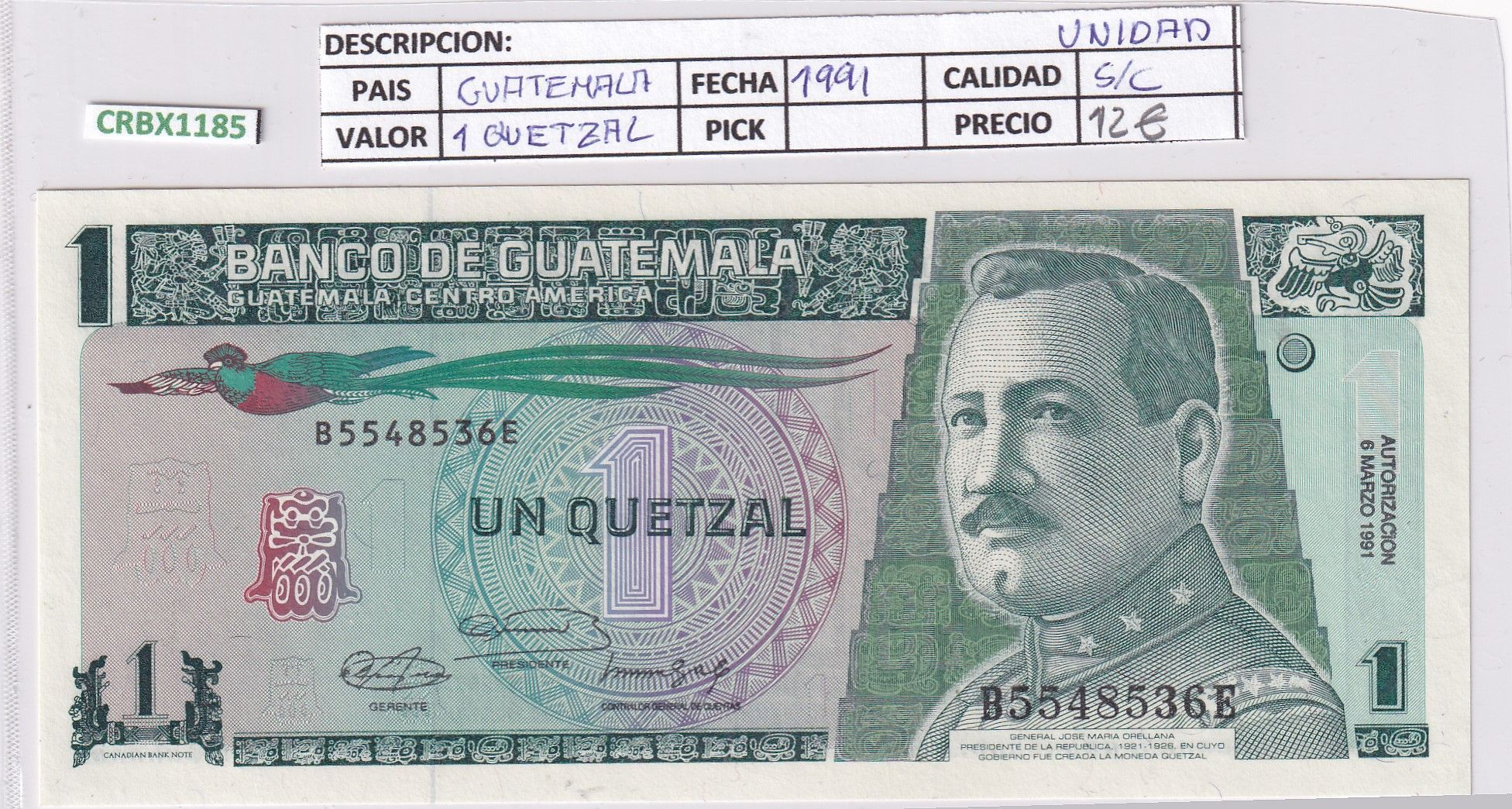 imagen-13-25576.jpg CRBX1185 BILLETE GUATEMALA 1 QUETZAL 1991 SIN CIRCULAR - Imagen 1