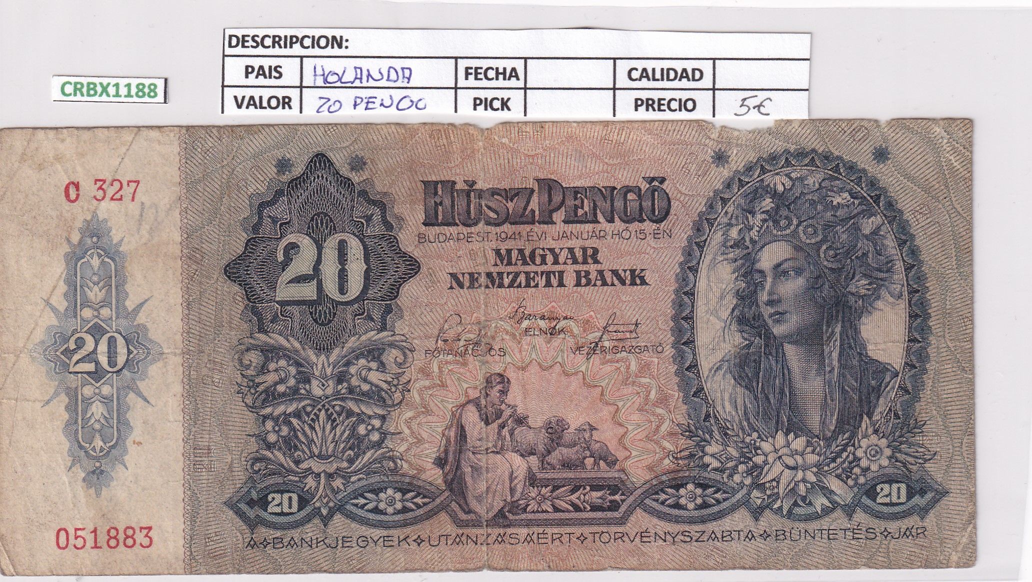 imagen-13-25579.jpg CRBX1188 BILLETE HUNGRIA 20 PENGO USADO CON ROTURA - Imagen 1