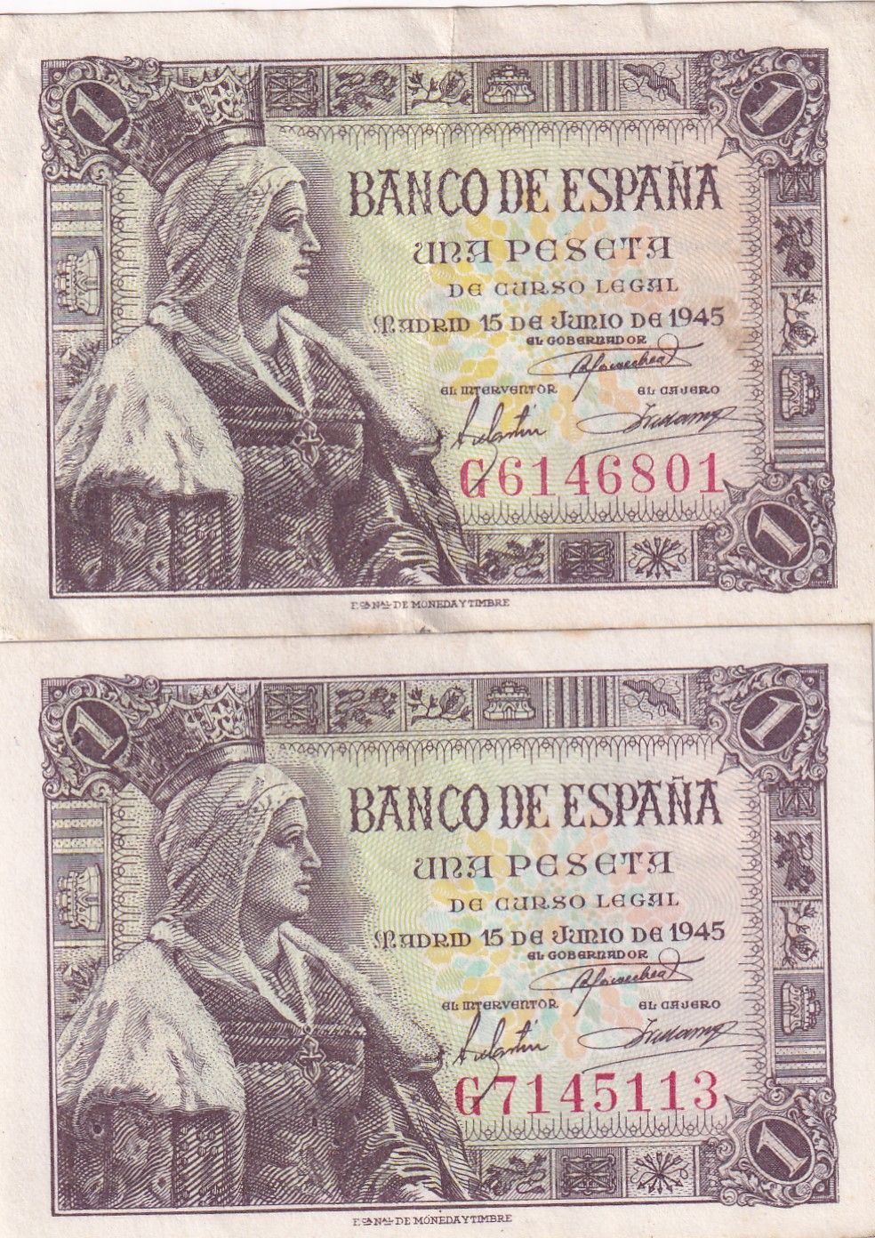imagen-13-25682.jpg CRBS2269 LOTE 2 BILLETES ESPAÑA 1 PESETA 1945 MBC Y EBC - Imagen 1