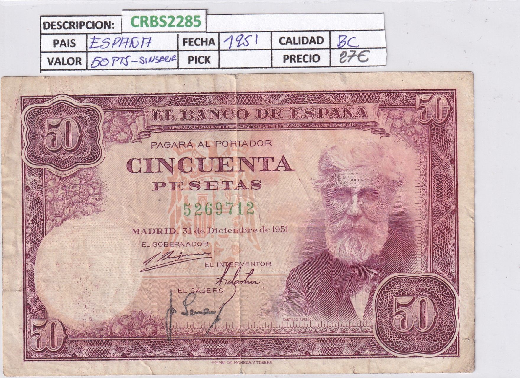 imagen-13-25696.jpg CRBS2285 BILLETE ESPAÑA 50 PESETAS 1951 SIN SERIE BC - Imagen 1