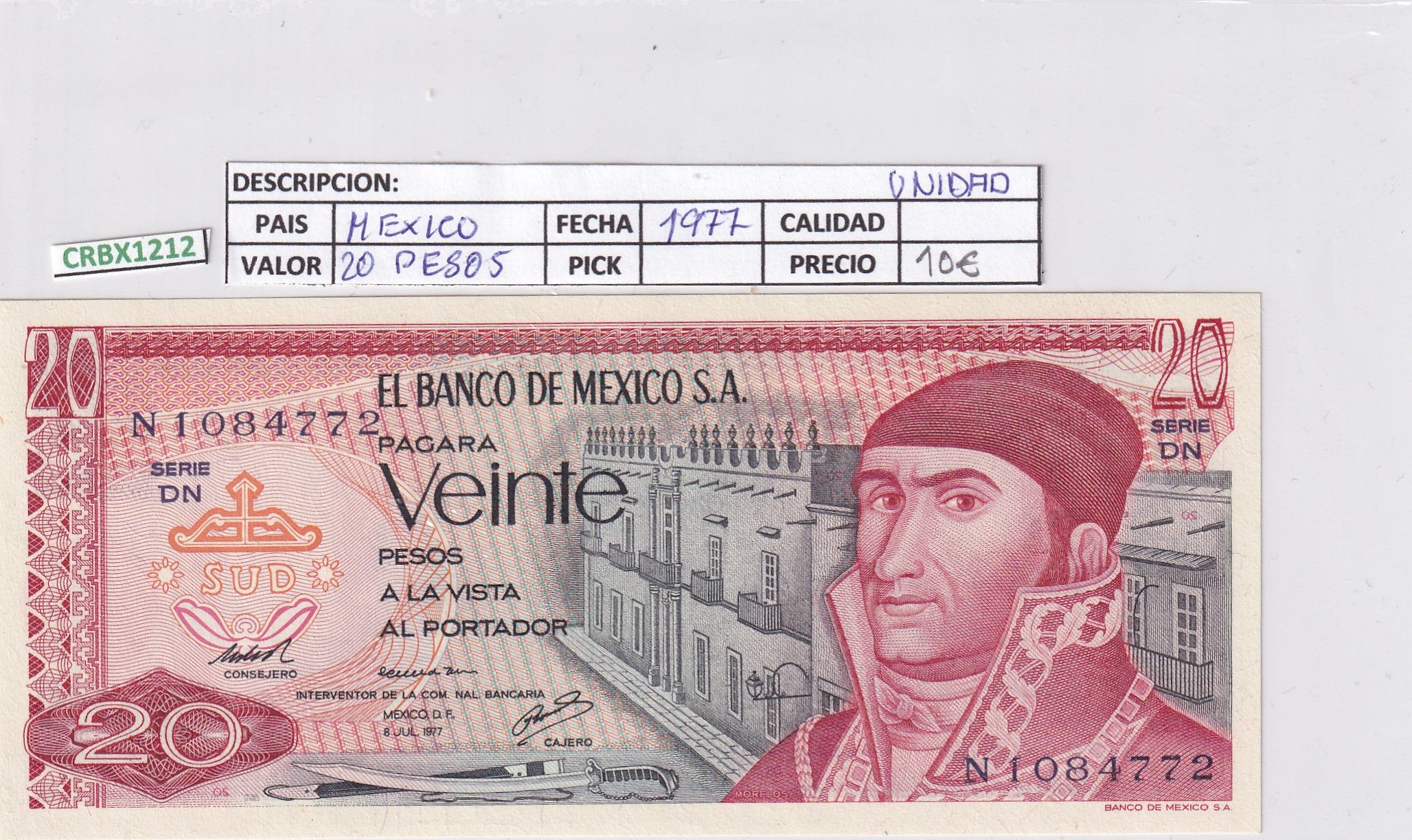 imagen-13-25720.jpg CRBX1212 BILLETE MEXICO 20 PESOS 1977 SIN CIRCULAR - Imagen 1