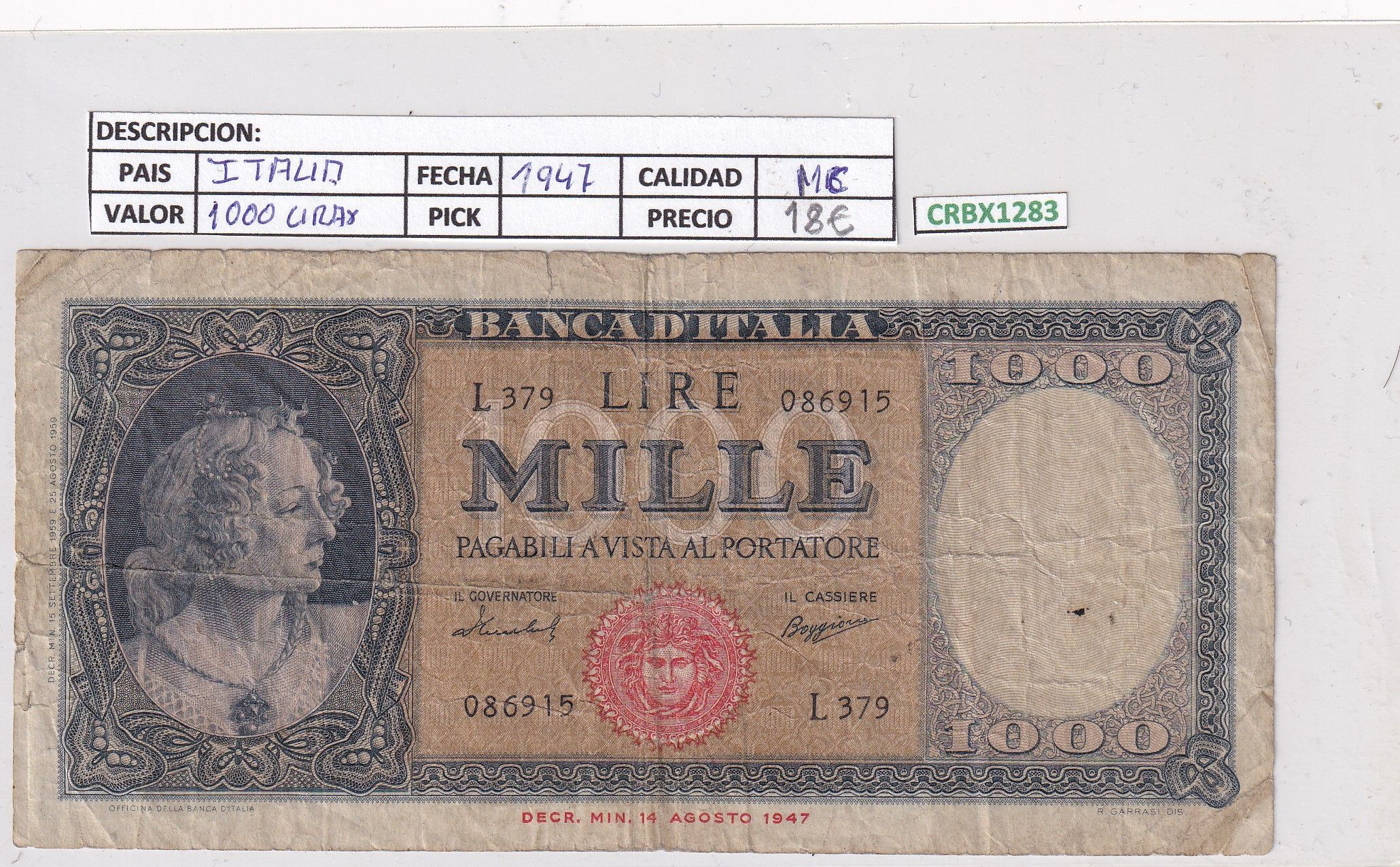 imagen-13-25829.jpg CRBX1283 BILLETE ITALIA 1000 LIRAS 1947 MC - Imagen 1