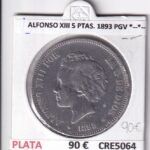 CRE5064 MONEDA ESPAÑA ALFONSO XIII 5 PESETAS 1893 PGV *--*-- PLATA