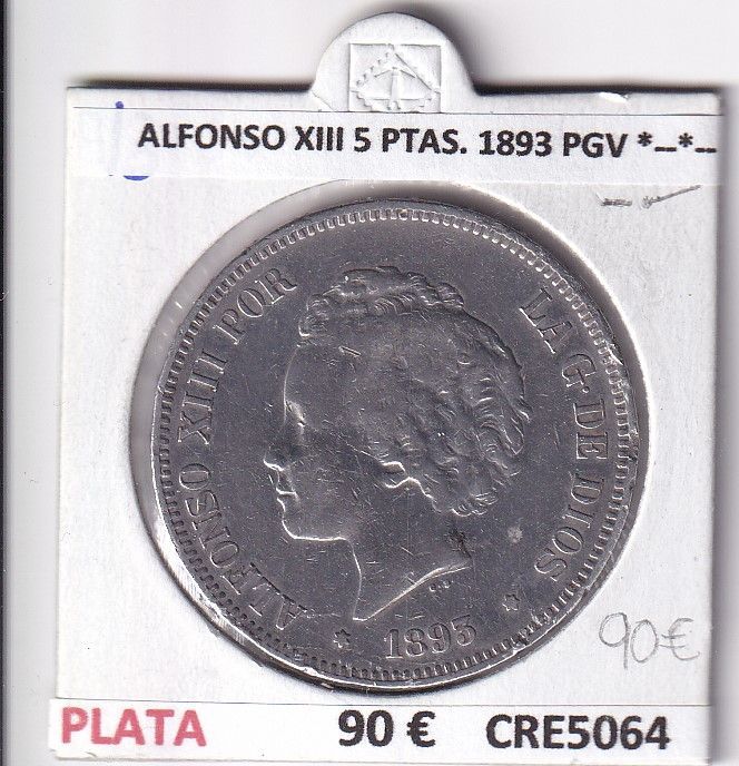 imagen-13-26028.jpg CRE5064 MONEDA ESPAÑA ALFONSO XIII 5 PESETAS 1893 PGV *--*-- PLATA - Imagen 1