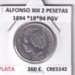 CRE5142 MONEDA ESPAÑA ALFONSO XIII 2 PESETAS 1894 *18*94 PGV PLATA 9,9 GR