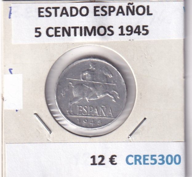 imagen-13-26503.jpg CRE5300 MONEDA ESPAÑA ESTADO ESPAÑOL 5 CENTIMOS 1945 - Imagen 1