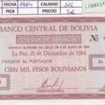 CRBX1474 BILLETE BOLIVIA CHEQUE DE GERENCIA 1984 100000 BOLIVIANOS SIN CIRCULAR