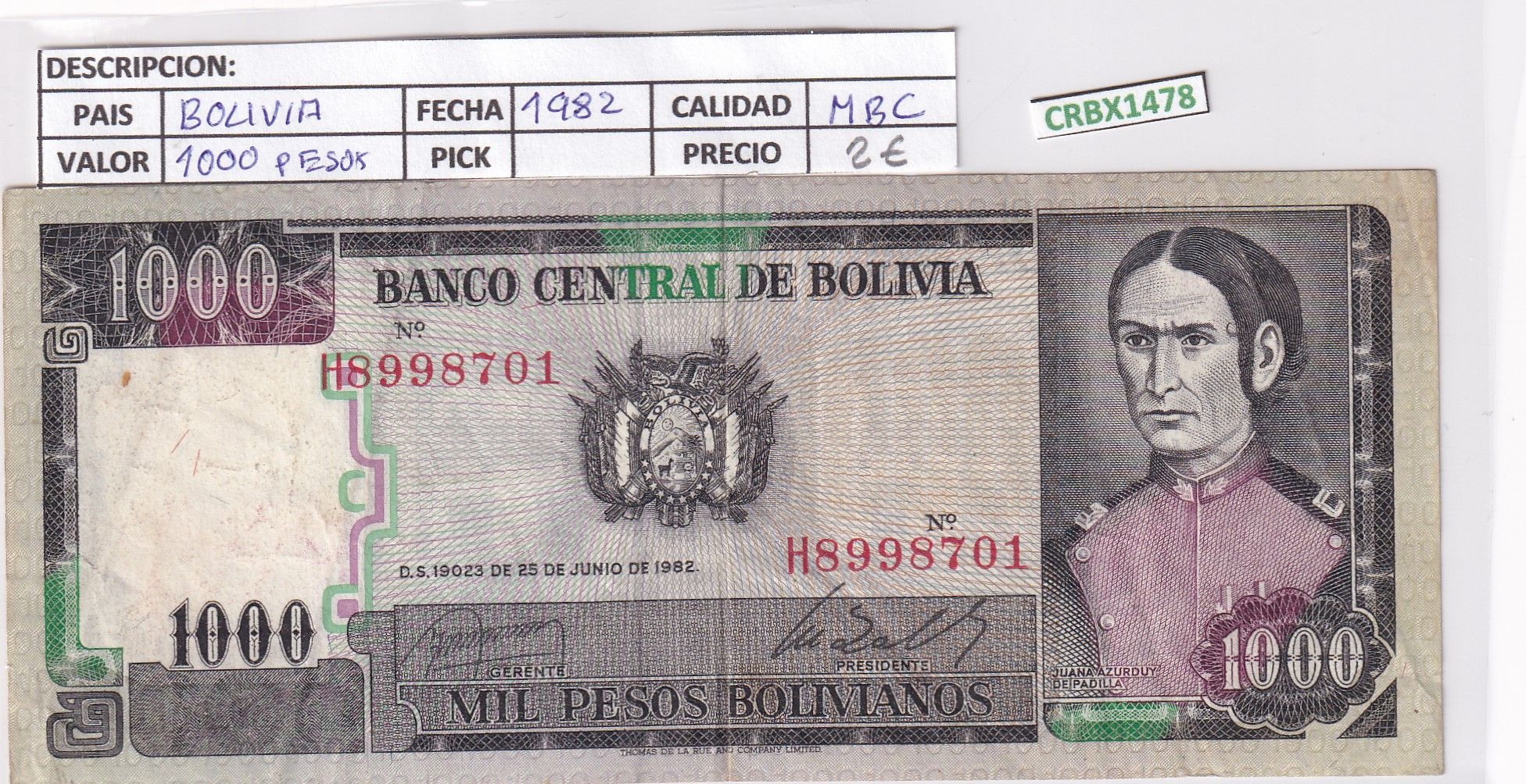 imagen-13-26816.jpg CRBX1478 BILLETE BOLIVIA 1000 BOLIVIANOS 1982 MBC - Imagen 1