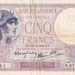 CRBX1458 BILLETE FRANCIA 5 FRANCOS 1940 USADO