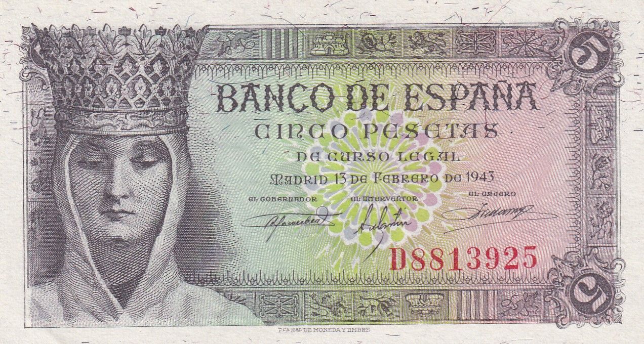 imagen-13-26882.jpg CRBS2332 BILLETE ESPAÑA 5 PESETAS 1943 SERIE D SIN CIRCULAR - Imagen 1