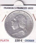 CR3669 MONEDA FRANCIA 5 FRANCOS 1822 LUIS XVIII PARIS PLATA