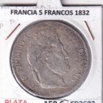CR3682 MONEDA FRANCIA 5 FRANCOS 1832 LUIS FELIPE I PERPIGÑAN PLATA