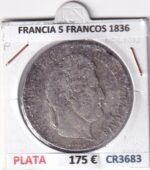 CR3683 MONEDA FRANCIA 5 FRANCOS 1836 LUIS FELIPE I LYON PLATA
