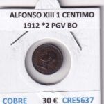 CRE5637 MONEDA ESPAÑA ALFONSO XIII 1 CENTIMO 1912 *2 PGV BO COBRE