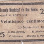 CRBL0472 BILLETE LOCAL ESPAÑA DON BENITO 25 CENTIMOS 1937 USADO