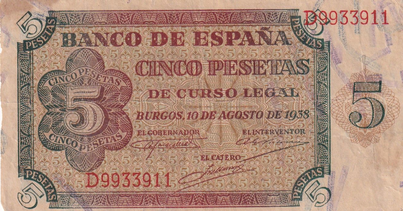 imagen-13-27493.jpg CRBS2388 BILLETE ESPAÑA 5 PESETAS 1938 SERIE D MBC- - Imagen 1