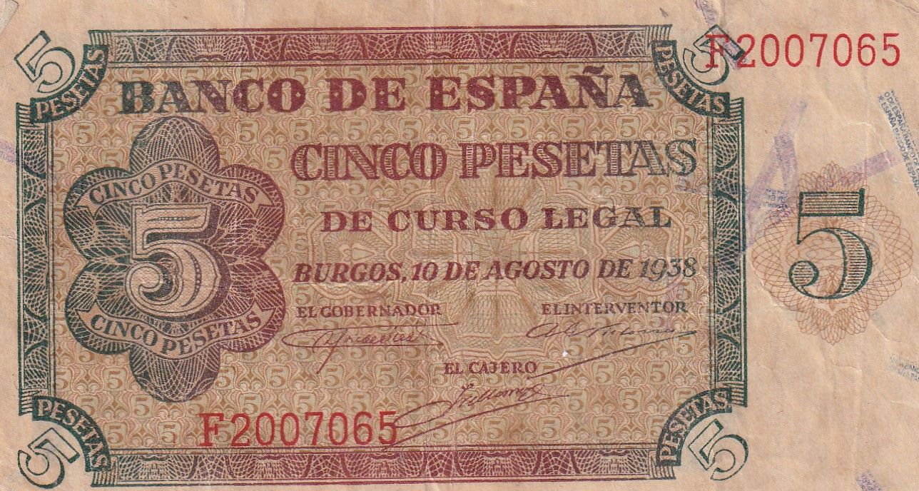 imagen-13-27498.jpg CRBS2393 BILLETE ESPAÑA 5 PESETAS 1938 SERIE F MBC+ - Imagen 1