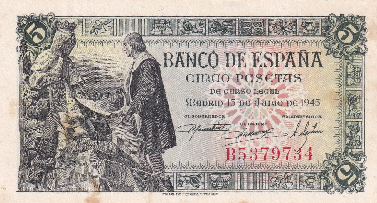 imagen-13-27502.jpg CRBS2397 BILLETE ESPAÑA 5 PESETAS 1945 SERIE B BC+ - Imagen 1