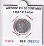 CRE5727 MONEDA ESPAÑA ALFONSO XIII 50 CENTIMOS 1892 *9*2 PGM PLATA