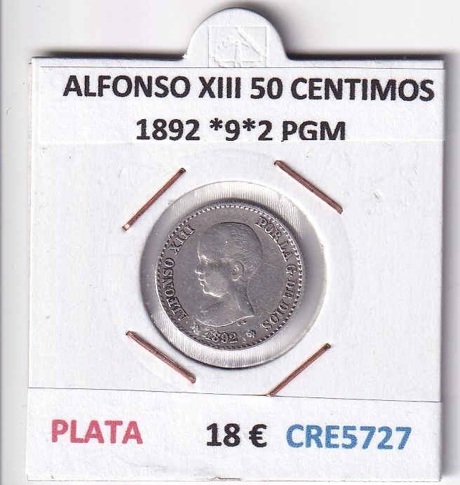 imagen-13-27583.jpg CRE5727 MONEDA ESPAÑA ALFONSO XIII 50 CENTIMOS 1892 *9*2 PGM PLATA - Imagen 1