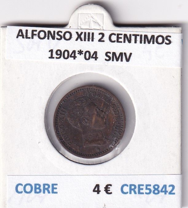 imagen-13-27779.jpg CRE5842 MONEDA ESPAÑA ALFONSO XIII 2 CENTIMOS 1904*04 SMV COBRE - Imagen 1