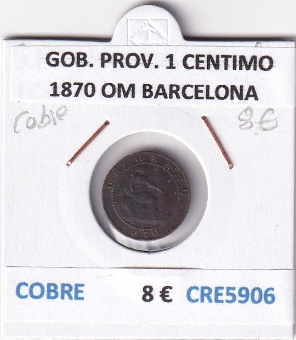 imagen-13-27858.jpg CRE5906 MONEDA ESPAÑA GOBIERNO PROVISIONAL 1 CENTIMO 1870 OM BARCELONA COBRE - Imagen 1