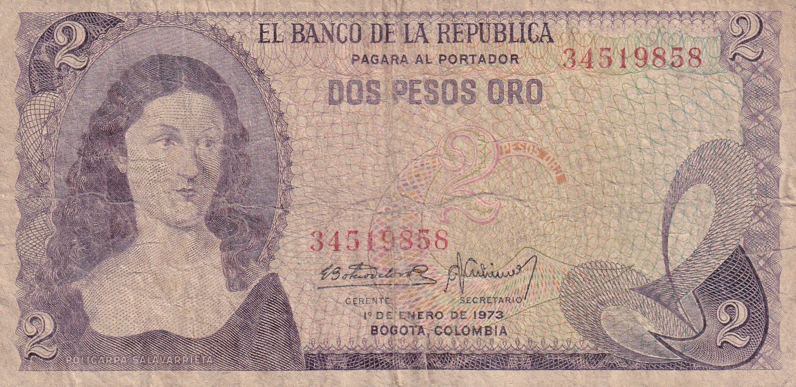 imagen-13-29195.jpg CRBX1609 BILLETE COLOMBIA 2 PESOS 1973 USADO - Imagen 1