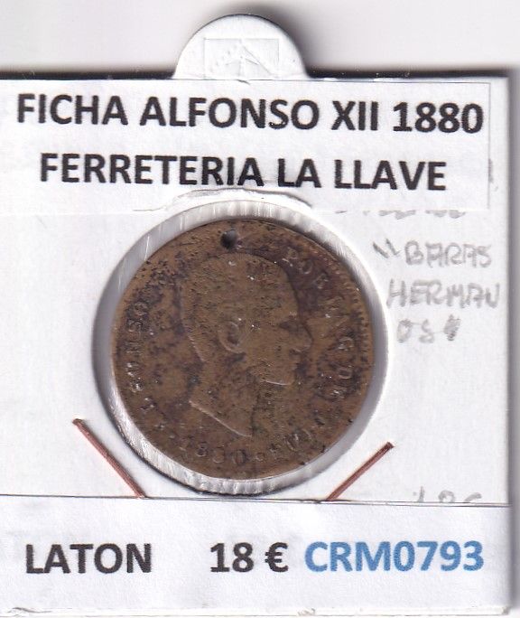imagen-13-29394.jpg CRM0793 FICHA ALFONSO XII 1880 FERRETERIA LA LLAVE LATON - Imagen 1
