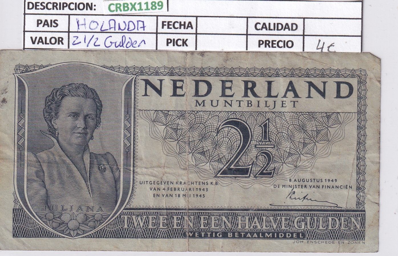 imagen-13-30701.jpg CRBX1189 BILLETE PAISES BAJOS 2 1/2 GULDEN 1945 USADO - Imagen 1