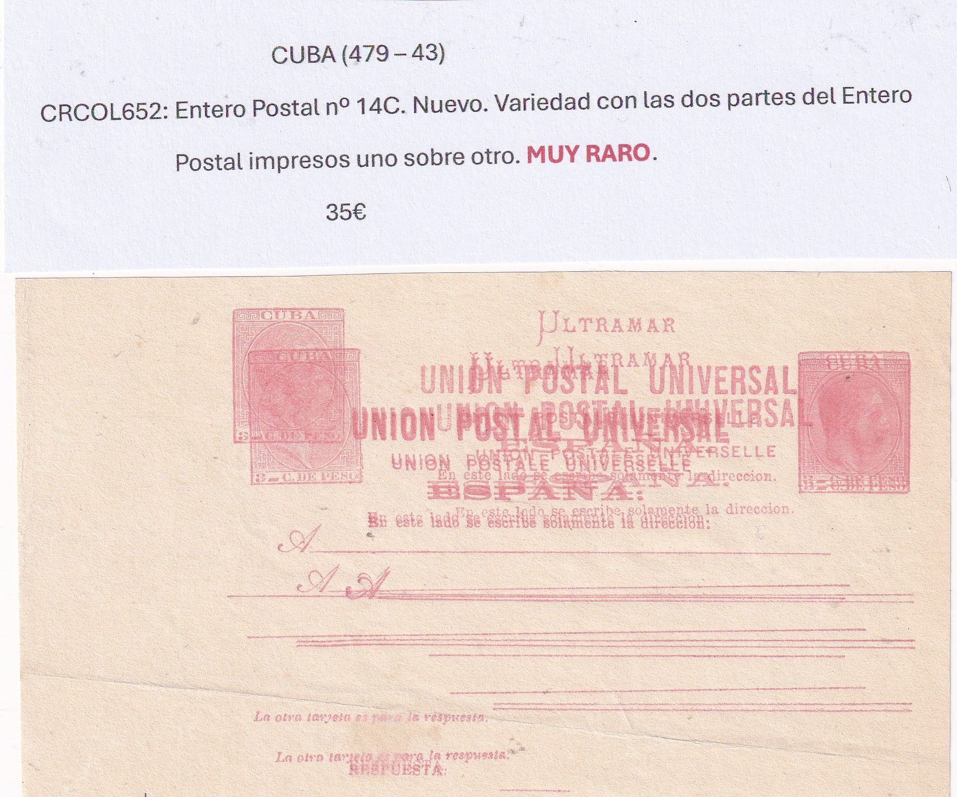 imagen-13-31821.jpg CRCOL652 CUBA ENTERO POSTAL Nº 14C (VER DESCRIPCION EN FOTO) - Imagen 1