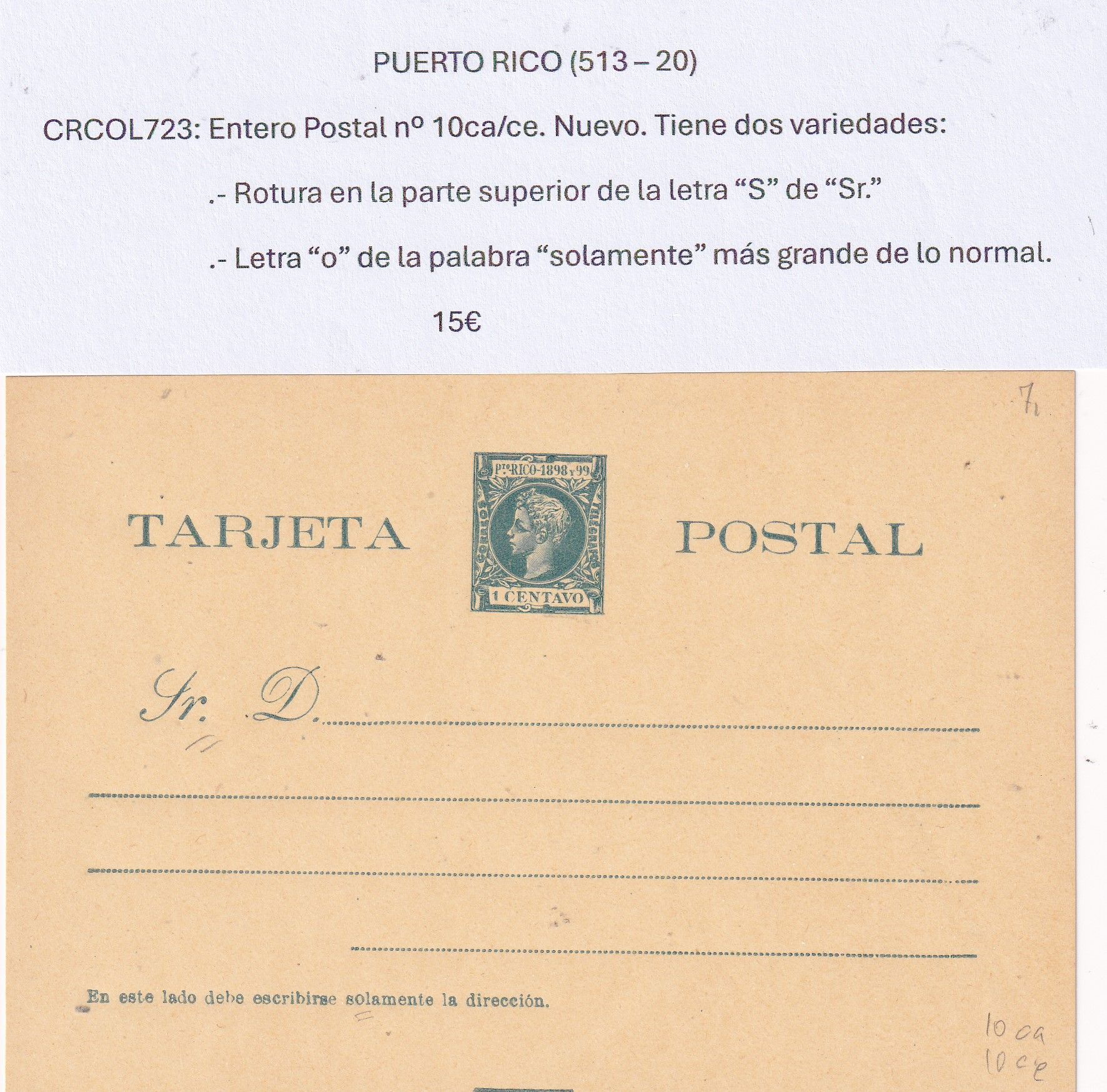 imagen-13-32102.jpg CRCOL723 PUERTO RICO ENTERO POSTAL Nº 10CA/CE (VER DESCRIPCION EN FOTO) - Imagen 1
