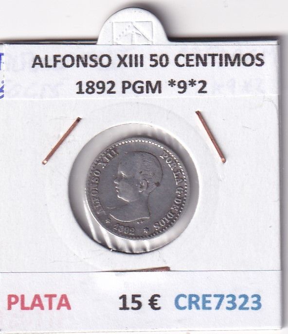 imagen-13-32122.jpg CRE7323 MONEDA ESPAÑA ALFONSO XIII 50 CENTIMOS 1892 PGM *9*2 PLATA - Imagen 1