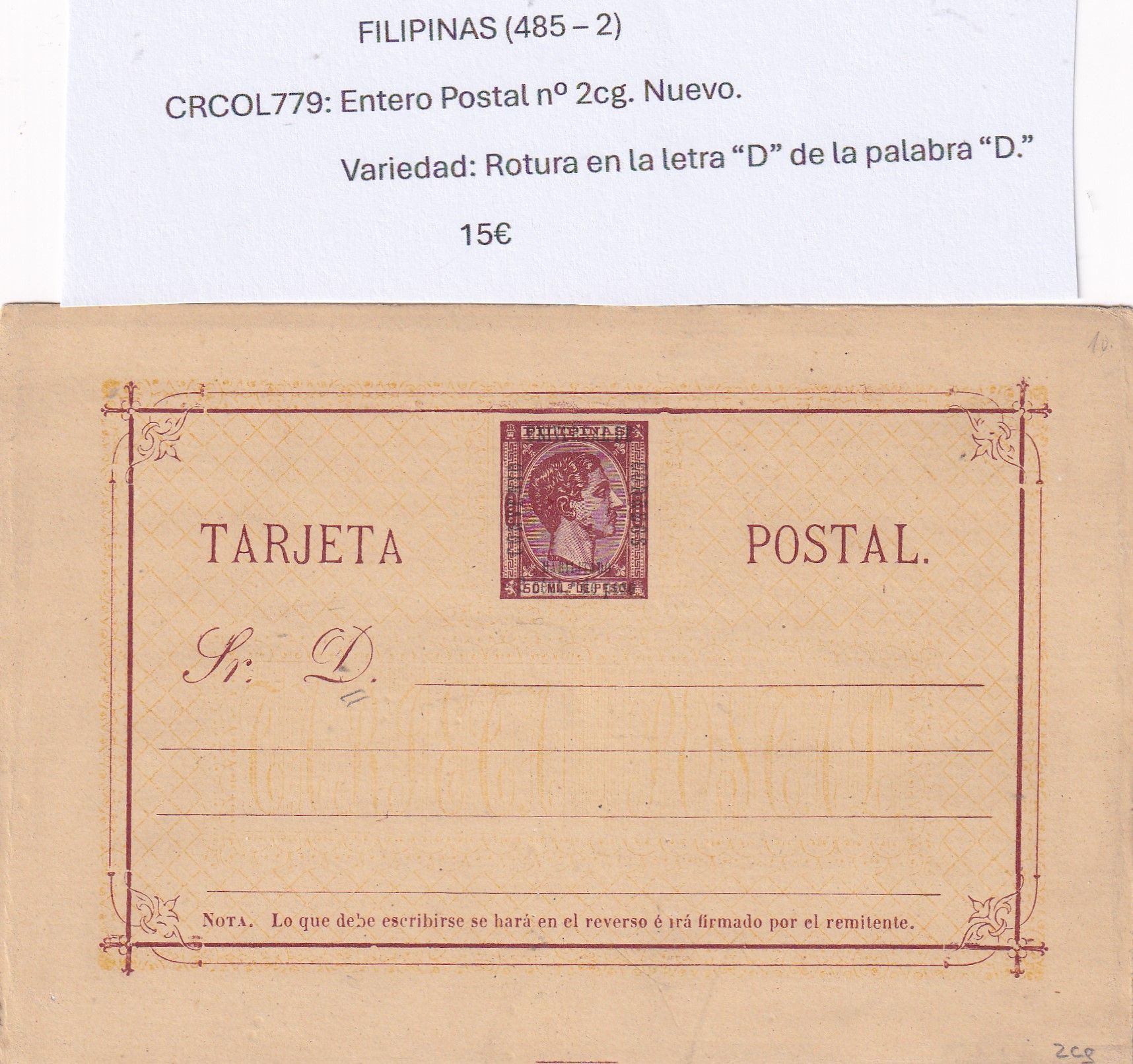 imagen-13-32148.jpg CRCOL779 ENTERO POSTAL FILIPINAS Nº 2CG (VER DESCRIPCIÓN EN FOTO) - Imagen 1
