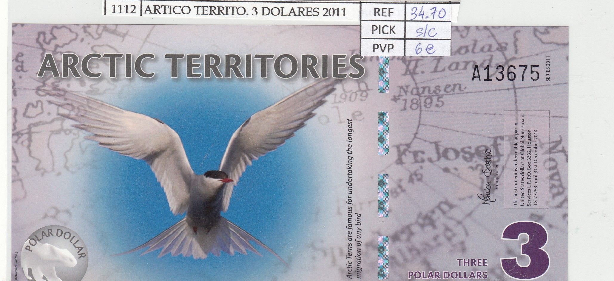 imagen-13-32263.jpg CRJ1112 BILLETE TERRITORIO ARTICO 3 DOLARES 2011 POLIMERO ARC-05 - Imagen 1