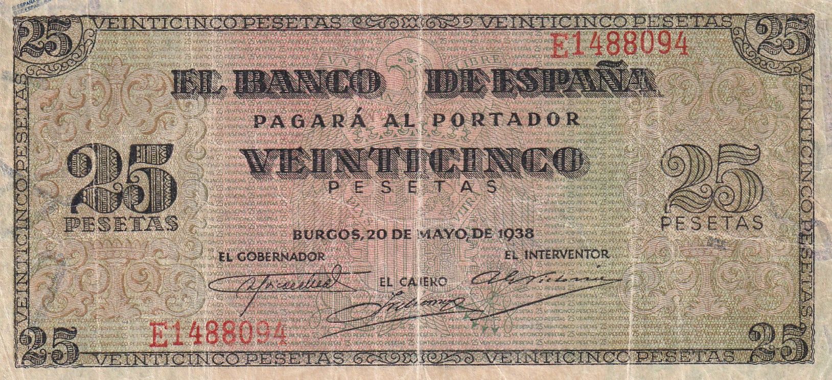 imagen-13-32304.jpg CRBS1771 BILLETE ESPAÑA 25 PESETAS 1938 SERIE E BC - Imagen 1